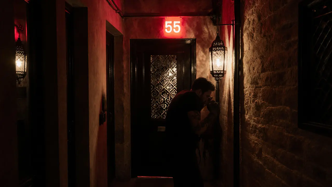 A hidden nightclub entrance in a narrow alley, marked only by a single red light and mysterious shadows.