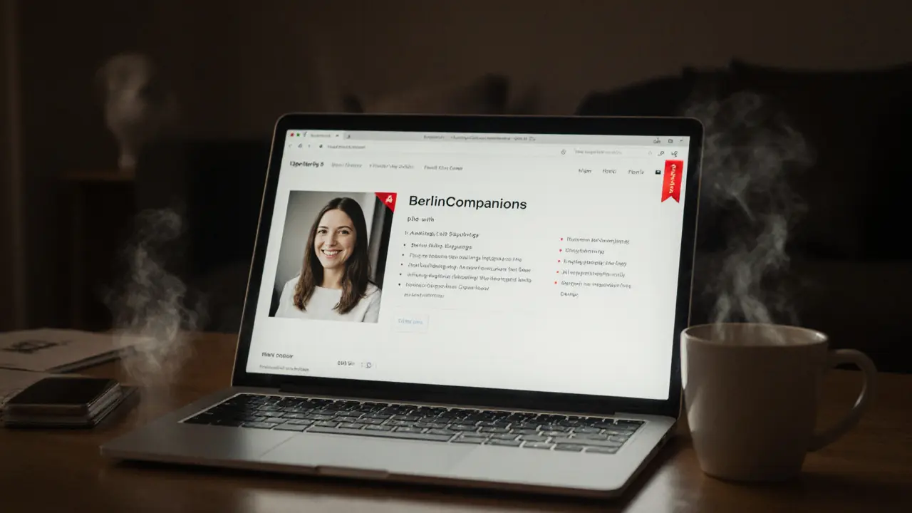 A laptop screen showing a verified escort profile on BerlinCompanions with a teacup beside it.
