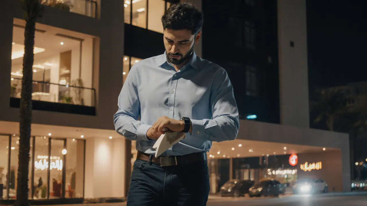 A man arrives precisely on time at a modern Abu Dhabi apartment building, holding a book, conveying discretion and punctuality.