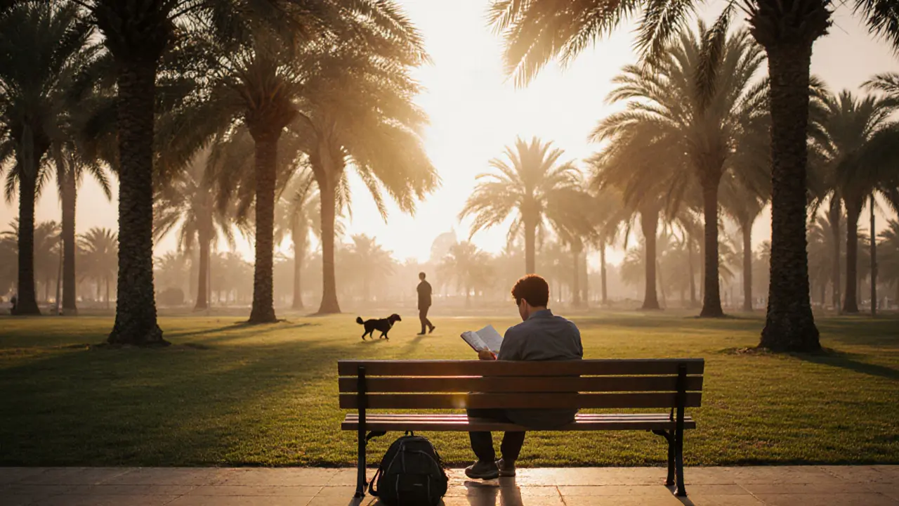 A man sits alone on a park bench at dawn in Khalifa Park, reading, surrounded by peaceful palm trees and soft morning light.