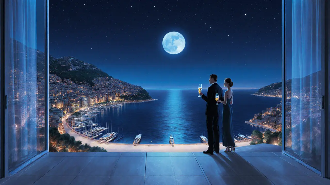 A quiet rooftop terrace overlooking Monaco's harbor at night, two people enjoying champagne under the stars.