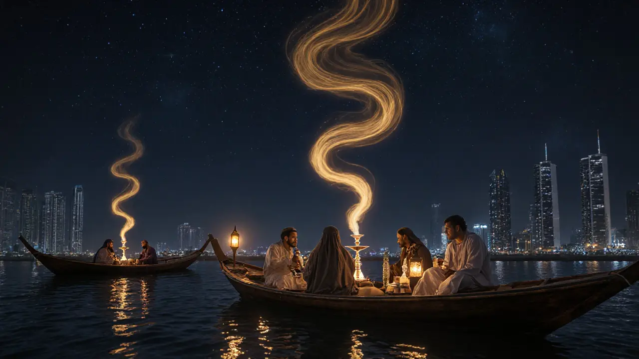 A quiet shisha lounge by the creek at night with wooden boats and warm lantern light.