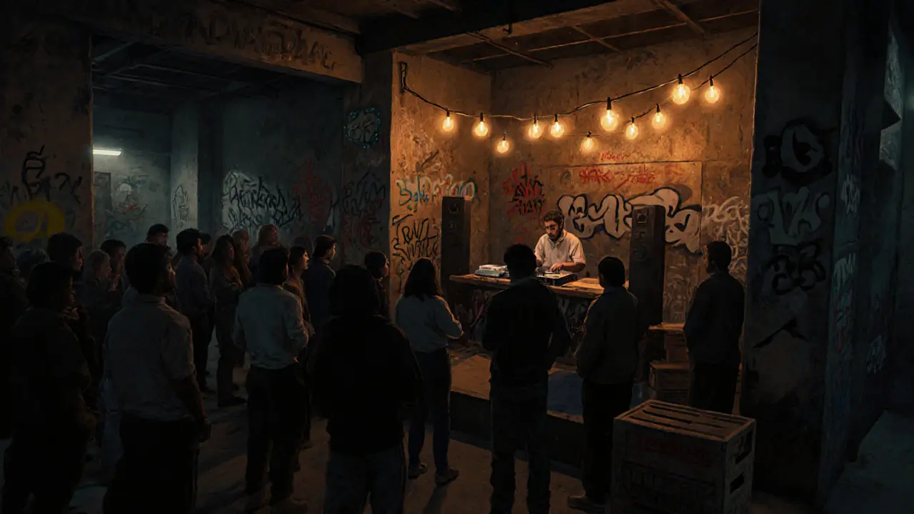 An intimate crowd gathered in a warehouse venue with a DJ playing live music under string lights.