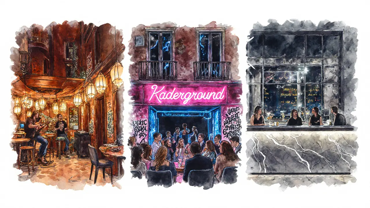 Artistic collage of Beyoğlu café, Kadıköy club, and Nişantaşı lounge showcasing Istanbul nightlife.