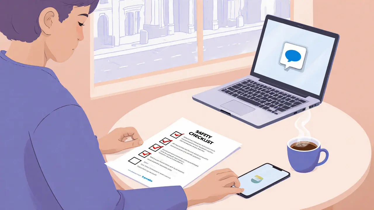 Cafe scene with laptop, phone and printed safety checklist on a table.