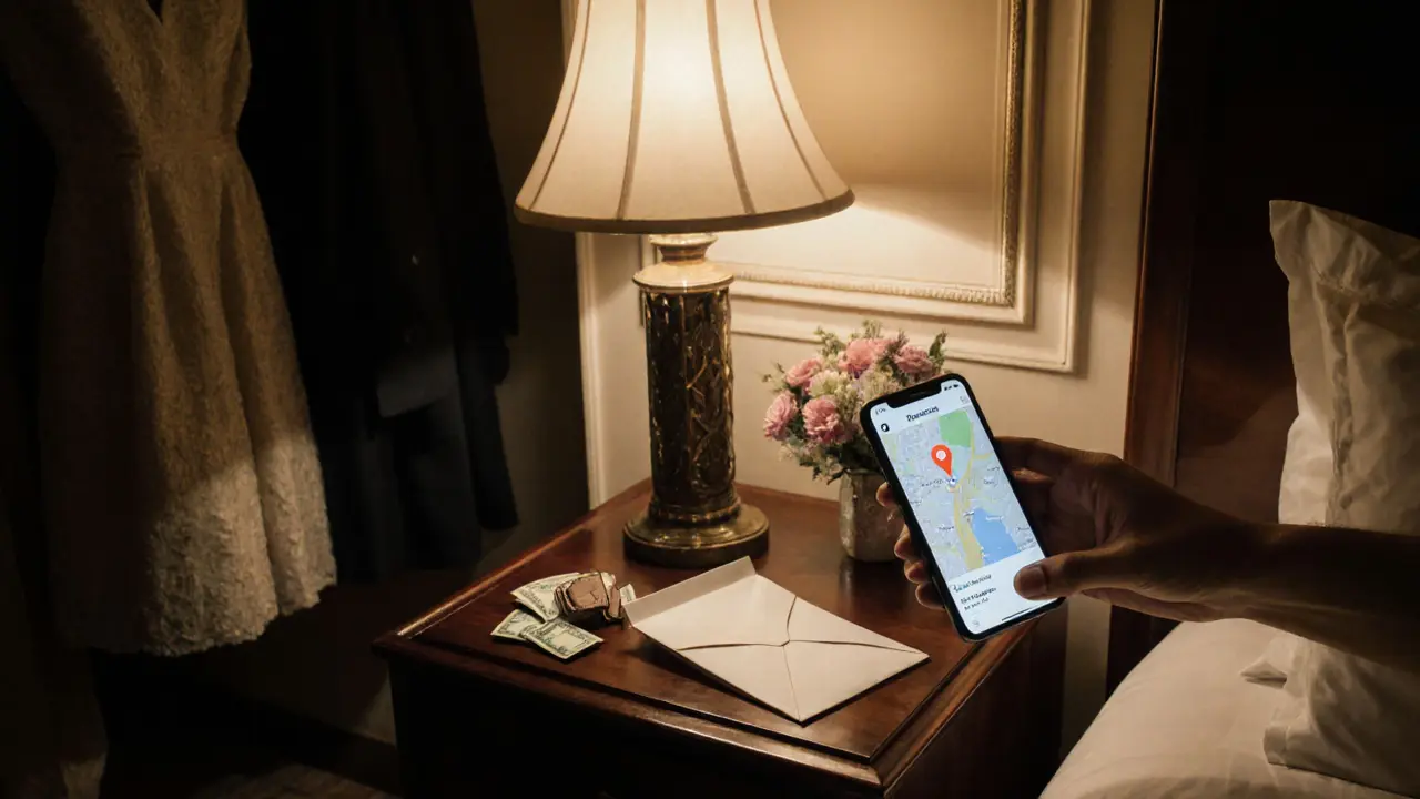 Chocolates, cash, and a phone for location sharing on a hotel nightstand.