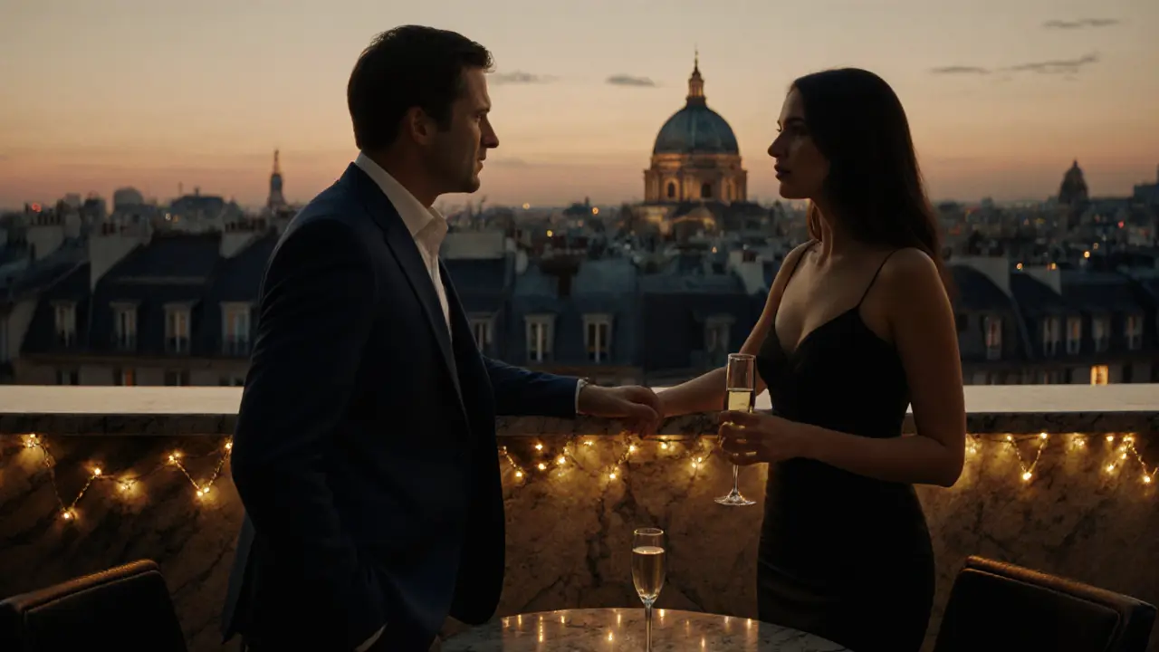 Client and escort conversing at a rooftop bar overlooking Paris at night.