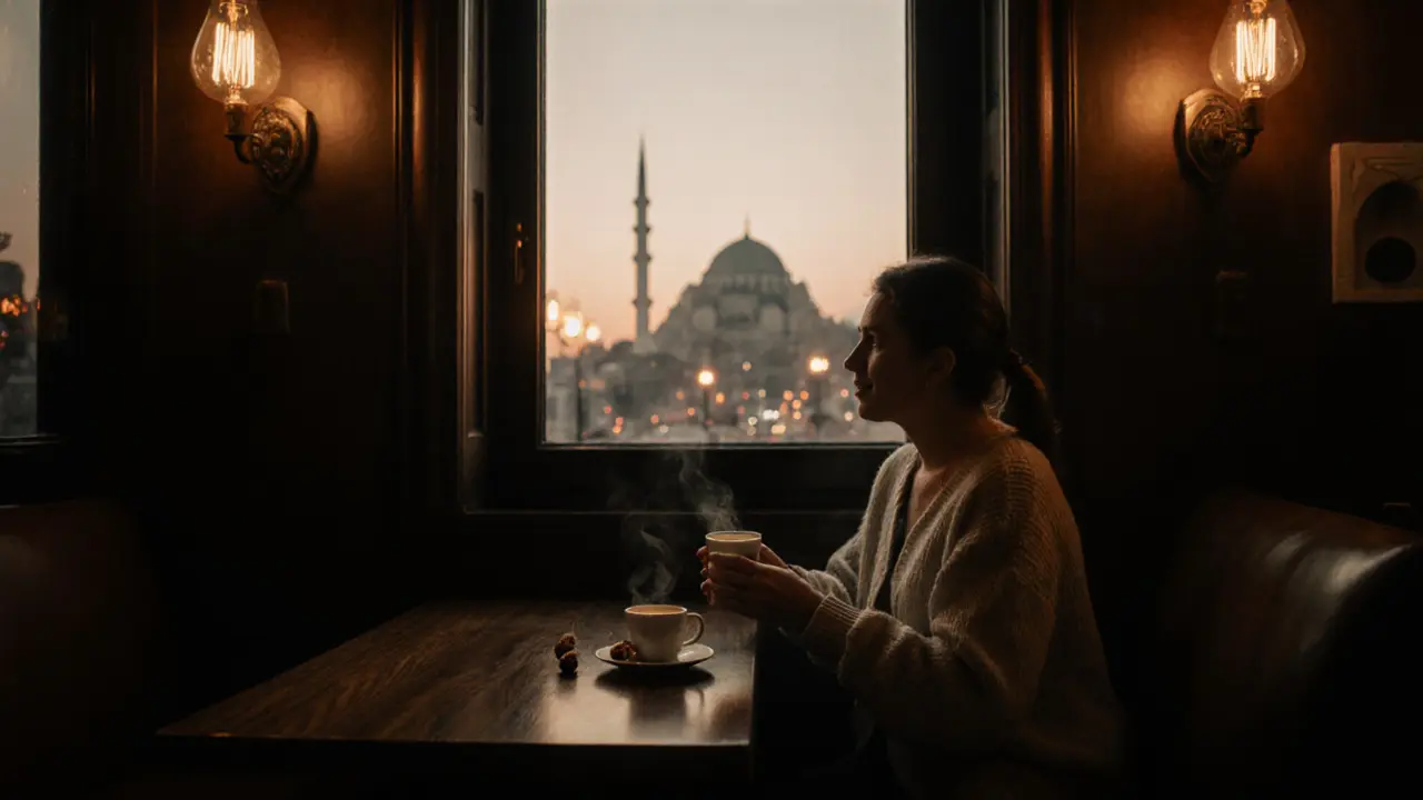 Cozy early‑morning café near Galata Tower with steaming Turkish coffee and street lights.