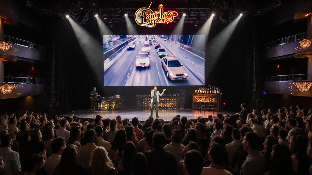 Crowded comedy club stage in Dubai Mall with comedian performing under bright lights.