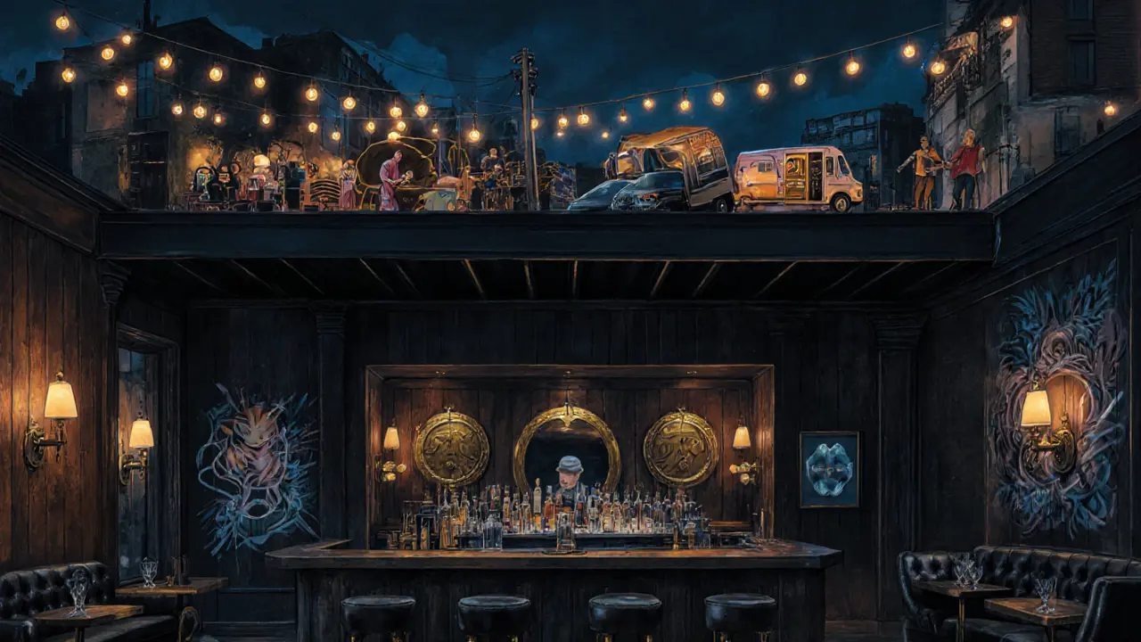 Dim speakeasy bar with vintage decor and a rooftop festival scene above.