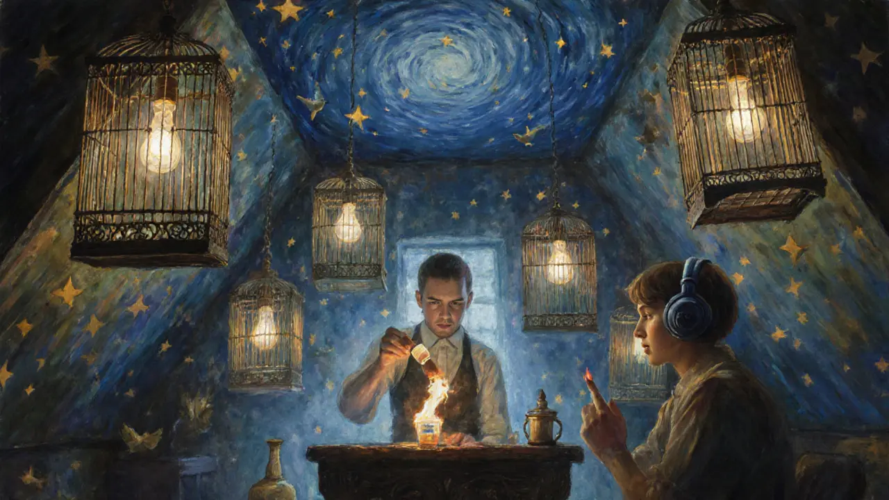 Dreamy room filled with glowing birdcages and a burning absinthe glass under a starry ceiling.