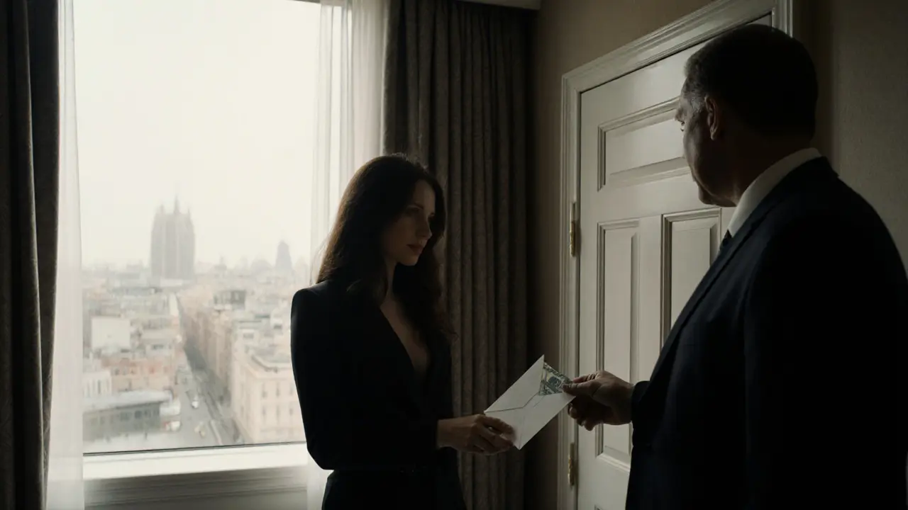 Escort receives a discreet cash tip from a client at the end of a session.
