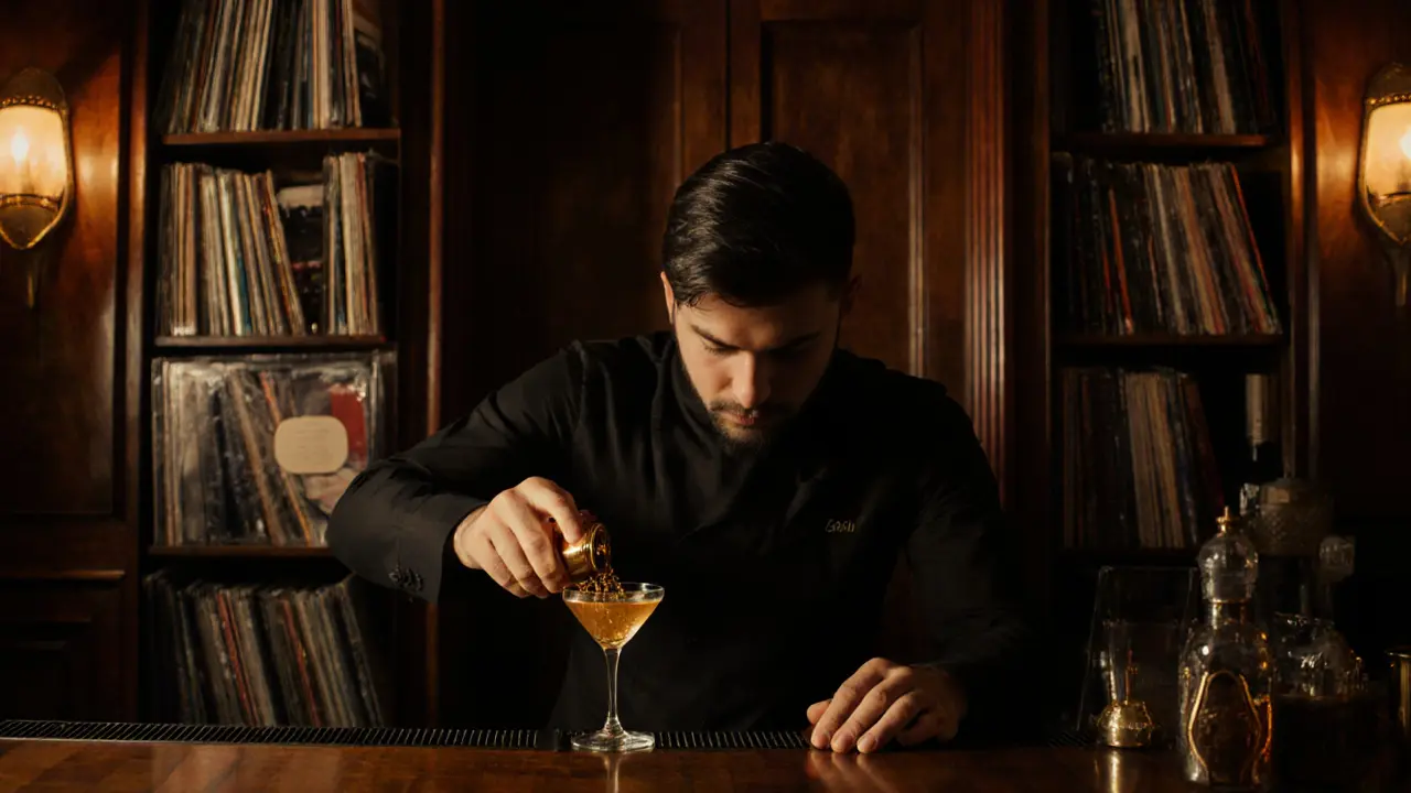 Hidden bar L’Abeille with bartender pouring golden cocktail in dim, intimate lighting.