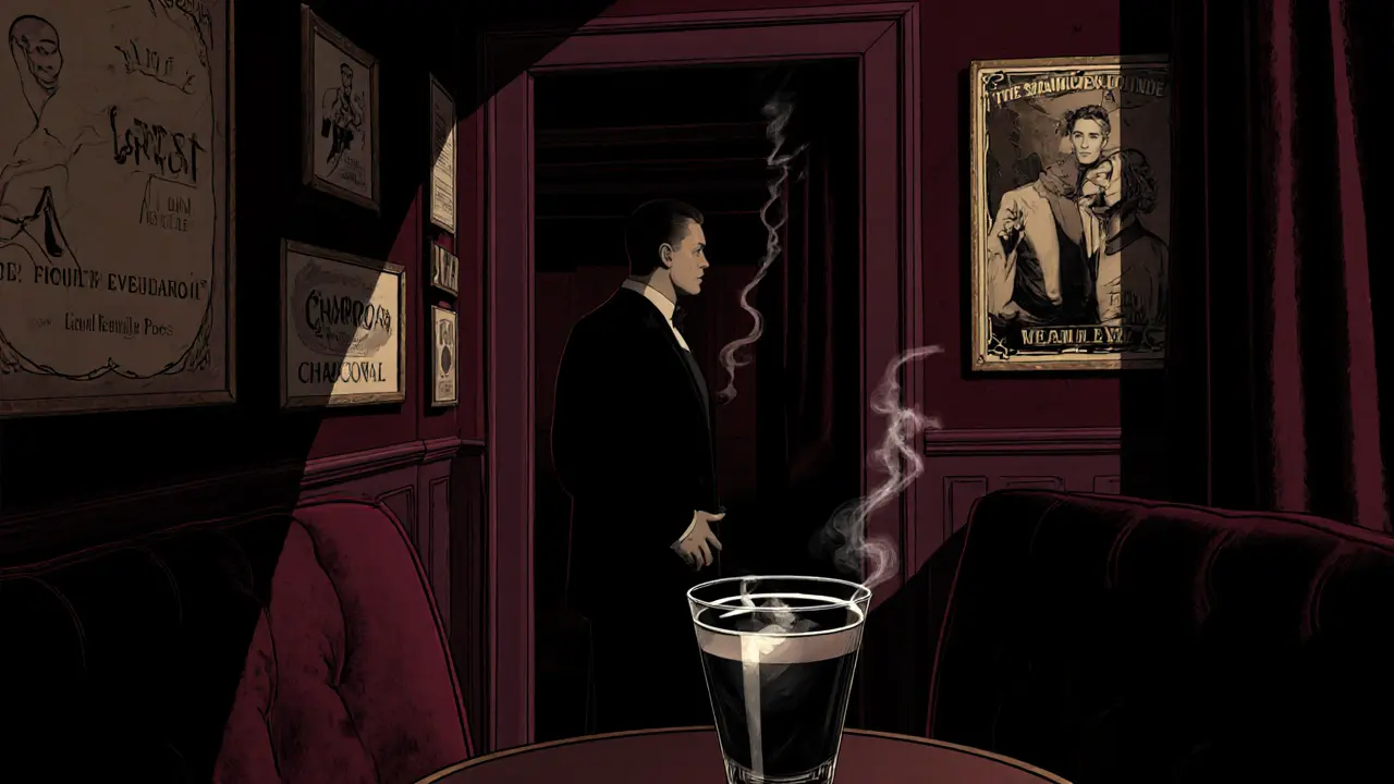 Hidden lounge with vintage posters and dim lighting, a bouncer watching a guest enter.