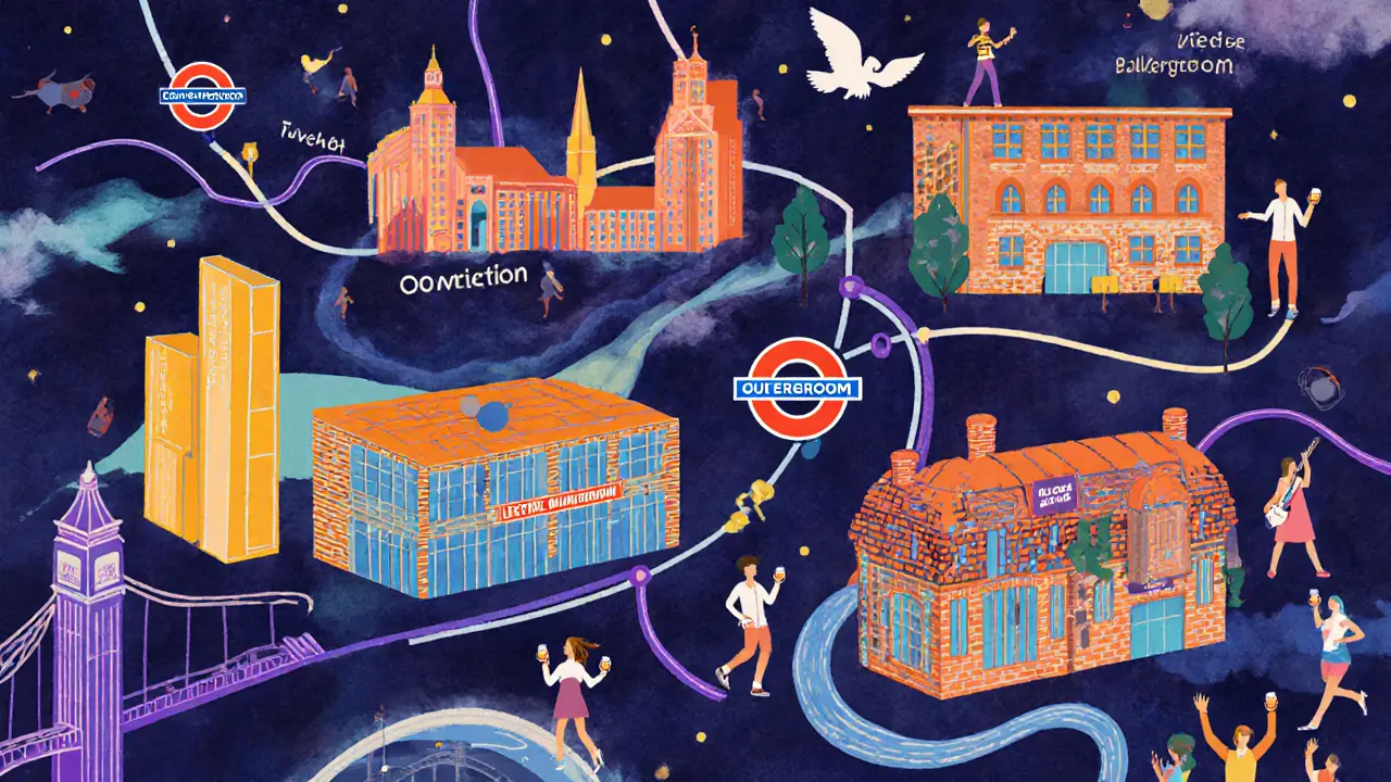 Illustrated plan of a night out hopping between several London music venues.