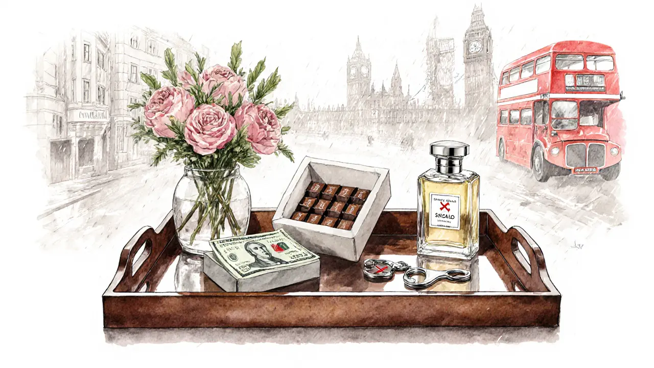 Illustration of appropriate and inappropriate gifts for a London escort on a tray.