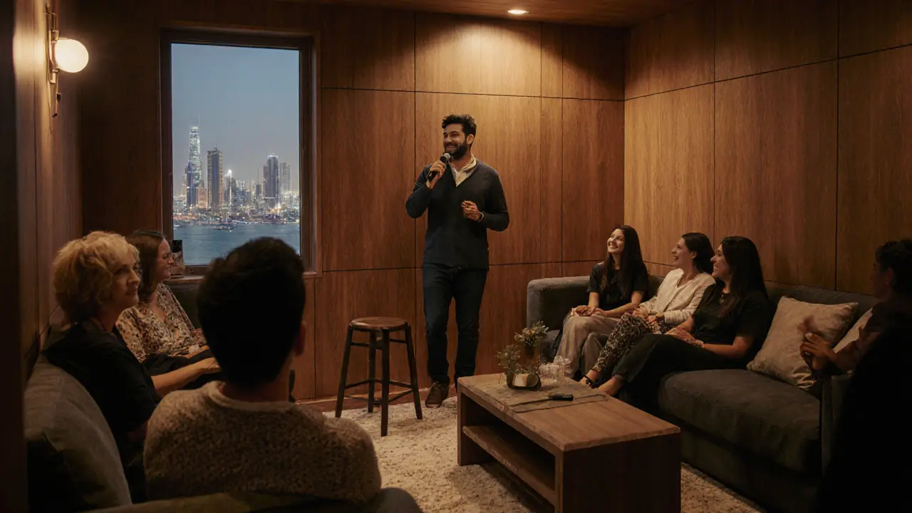 Intimate comedy venue with single performer and engaged audience in warm lighting.