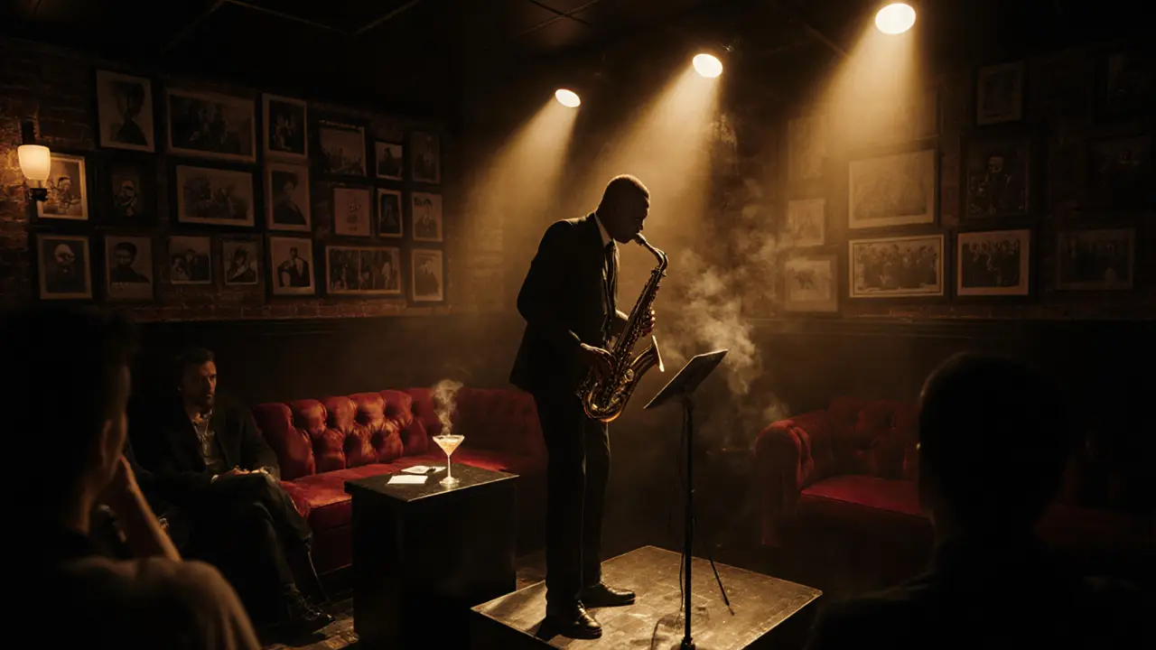 Intimate jazz club interior with a saxophonist on a small stage.
