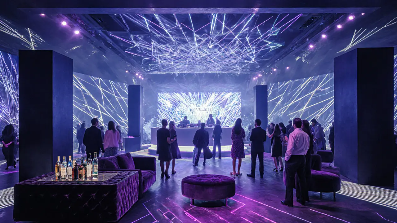 Luxurious club interior with laser walls, DJ booth, and upscale crowd.