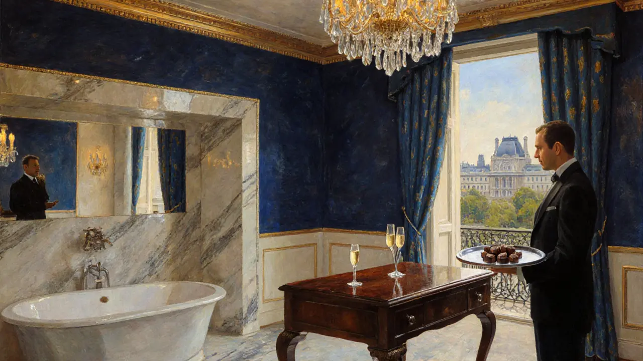 Luxurious suite interior with marble tub, champagne, and a private terrace view.