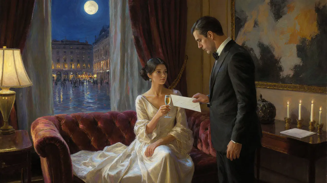 Luxury hotel lounge scene with a companion, client, and discreet concierge service.