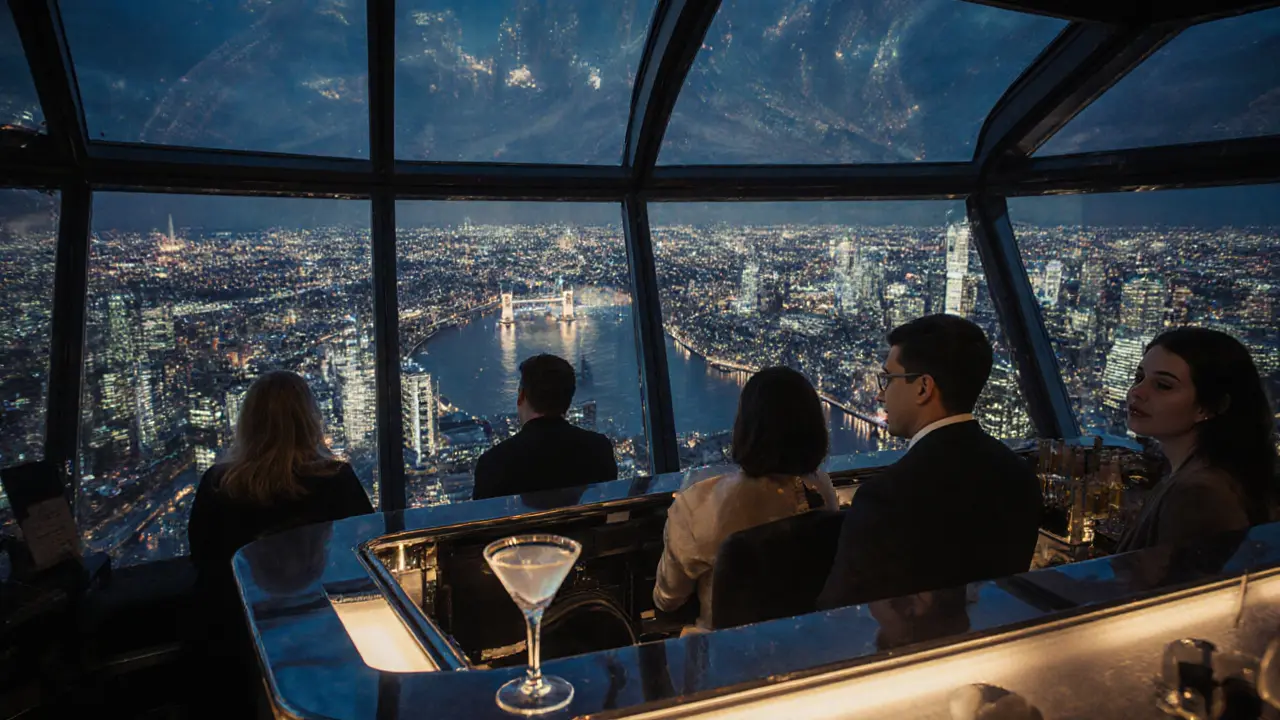 Luxury sky bar with floor‑to‑ceiling windows overlooking London's night skyline.