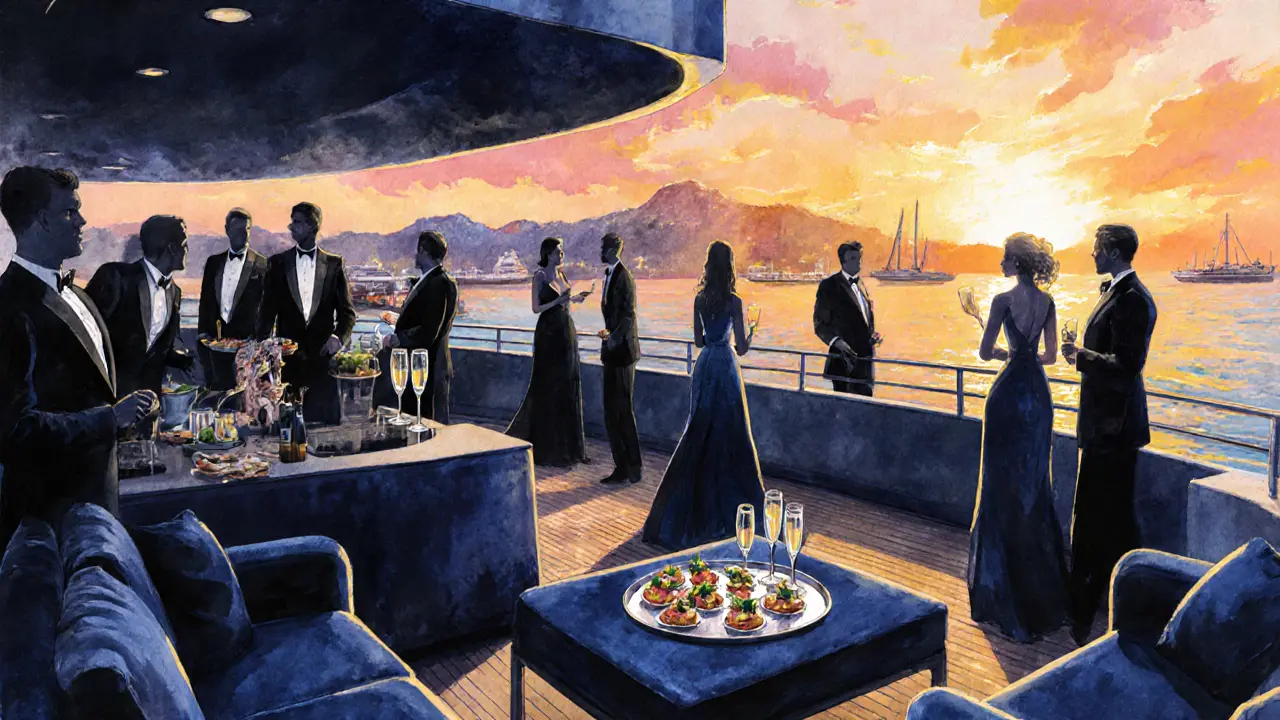 Luxury yacht deck at sunset with elegantly dressed guests and champagne bar.