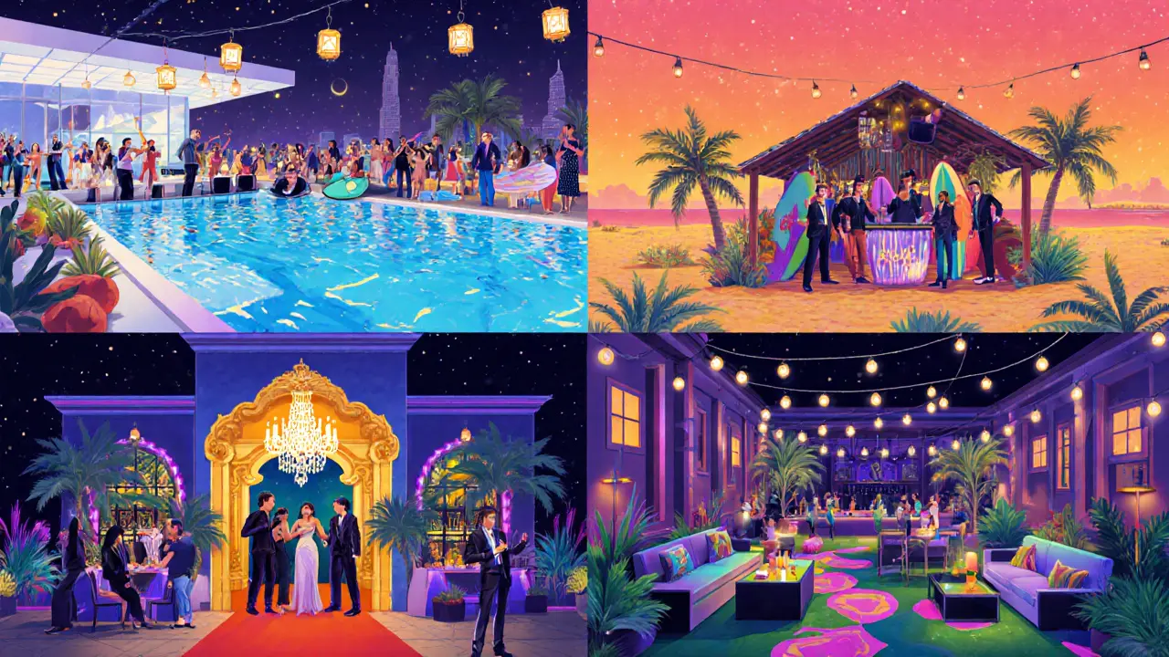 Montage of Dubai nightlife venues: rooftop club, beach bar, luxury lounge, and garden bar.
