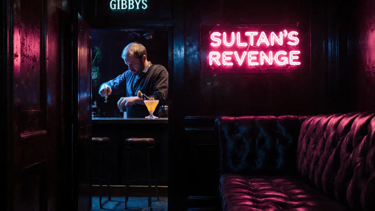 Neon speakeasy behind record store with bartender preparing fig‑bourbon cocktail.