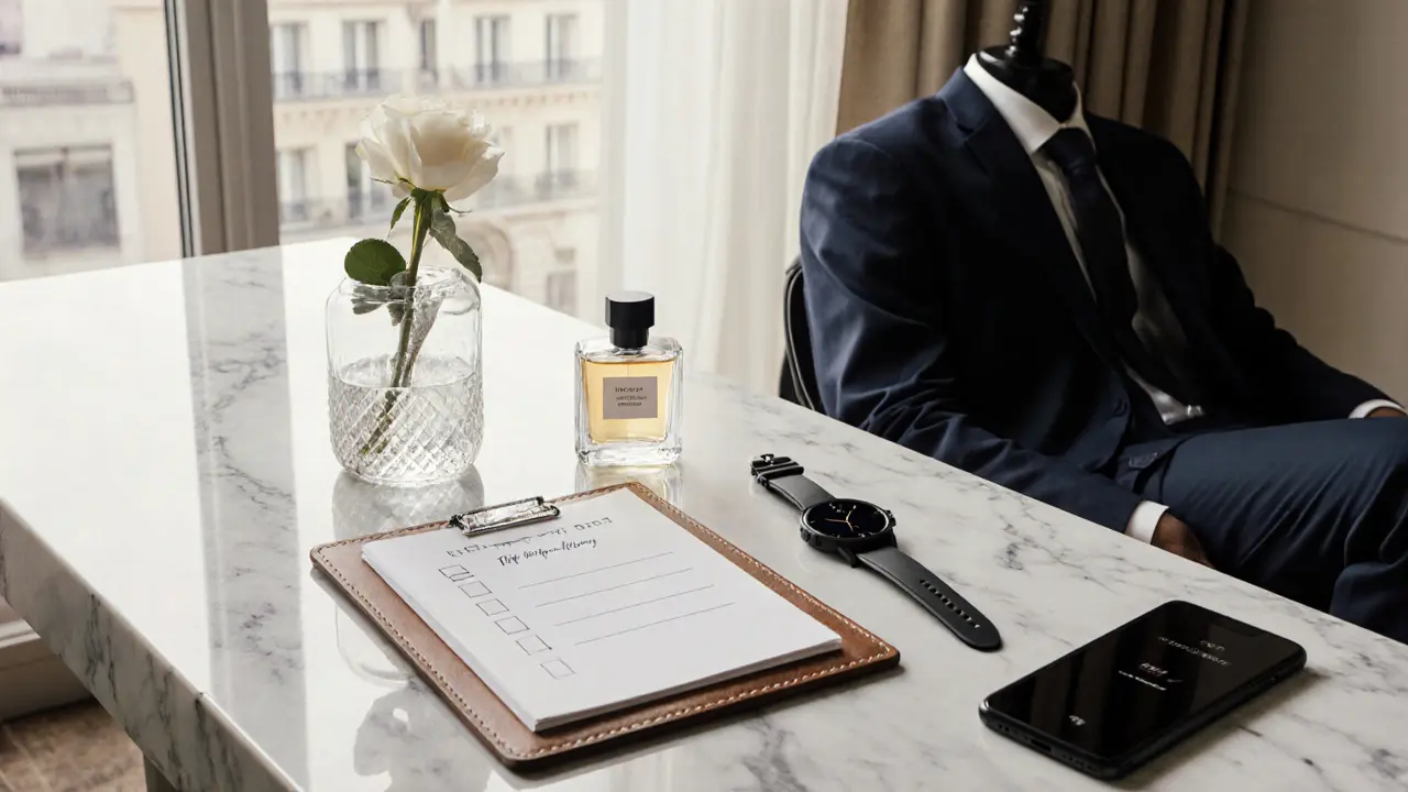 Night‑before checklist, rose, and accessories on marble countertop in hotel suite.