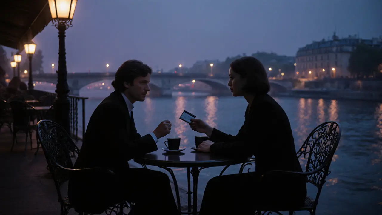 Nighttime rendezvous by the Seine, two people exchanging IDs over coffee.