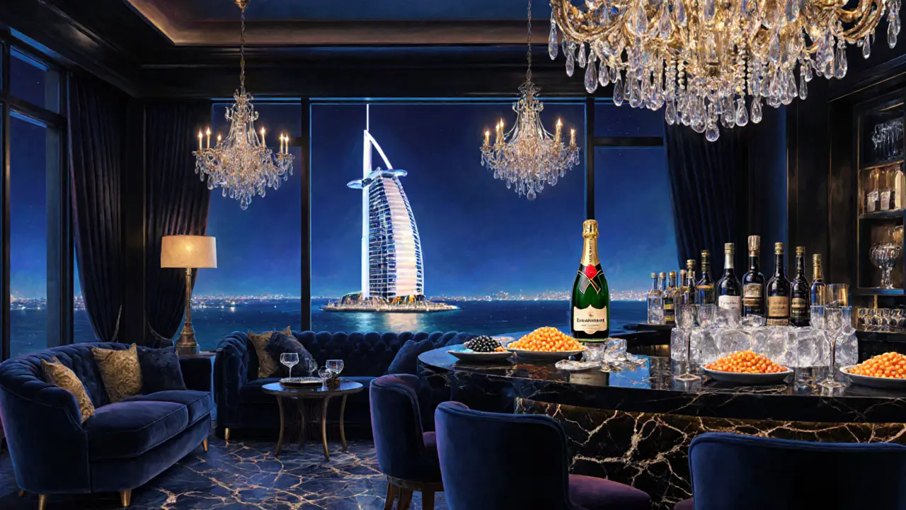 Opulent lounge with crystal chandeliers, bottle service, and panoramic sea view.