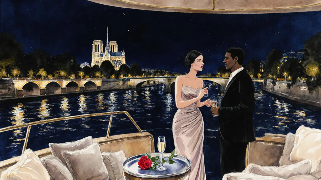 Private yacht on the Seine at night with a sophisticated companion and champagne.