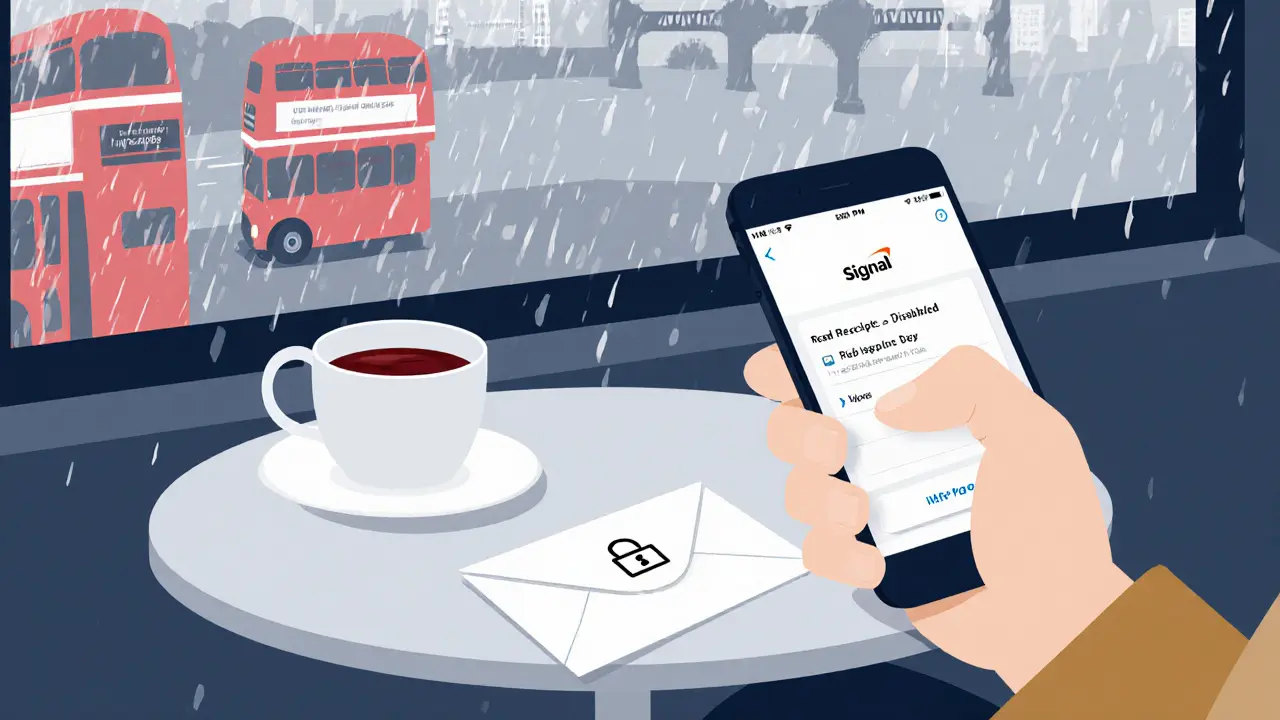 Rainy London café table with smartphone showing Signal app, coffee cup, and sealed envelope for payment.