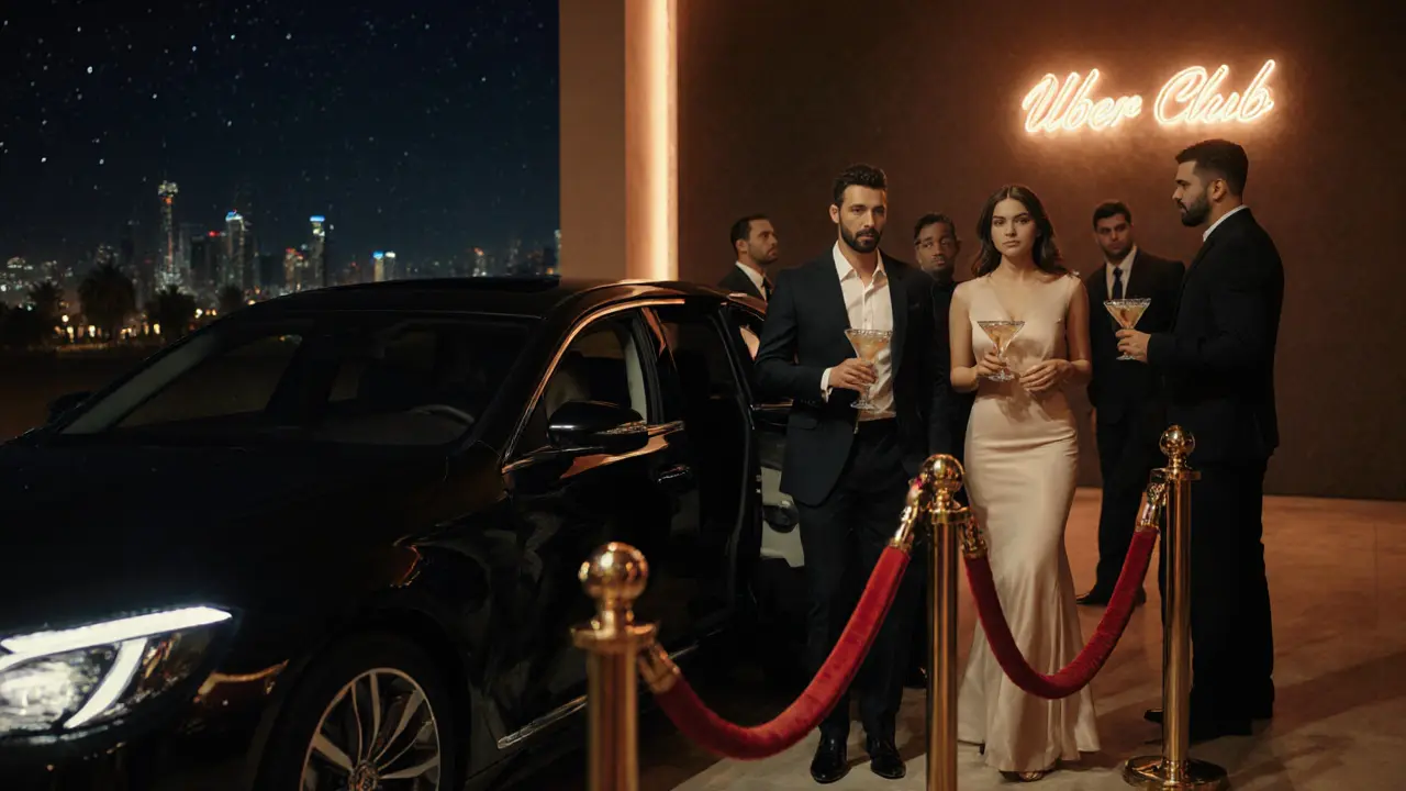 Ride‑hailing car dropping stylish clubgoers at a illuminated nightclub entrance.