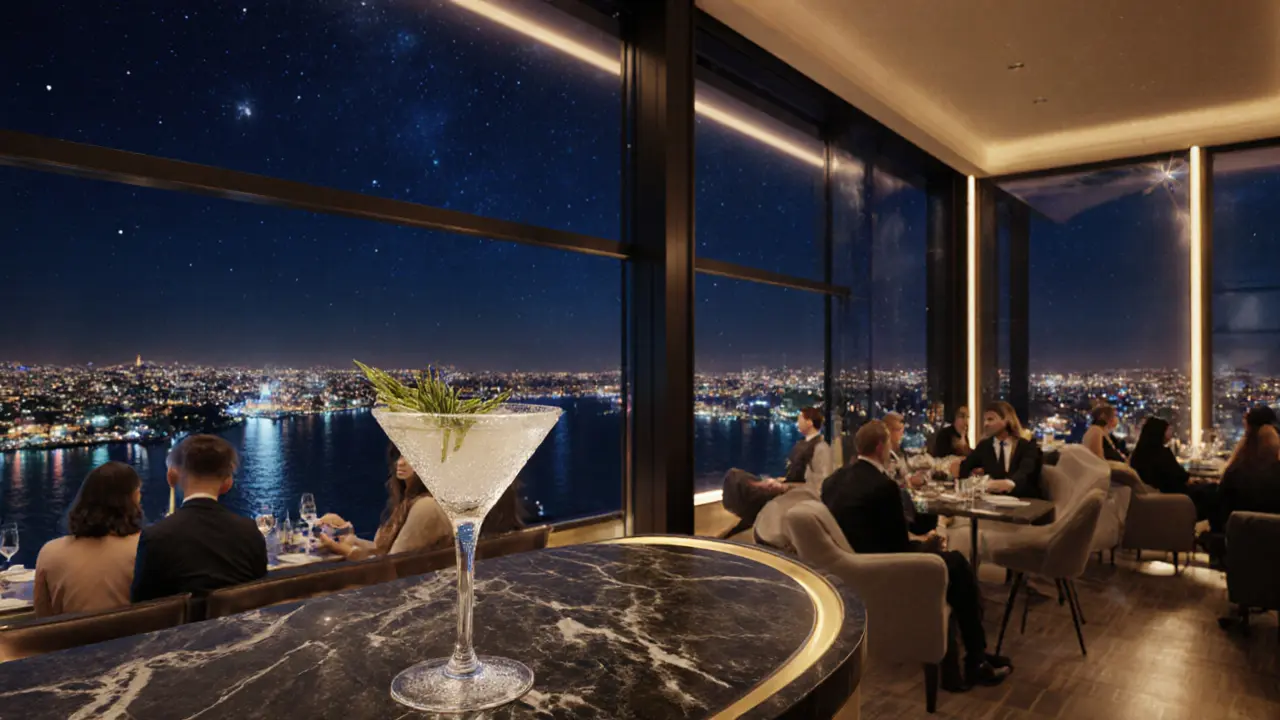 Rooftop bar view from Mikla showing Istanbul skyline and cocktail.