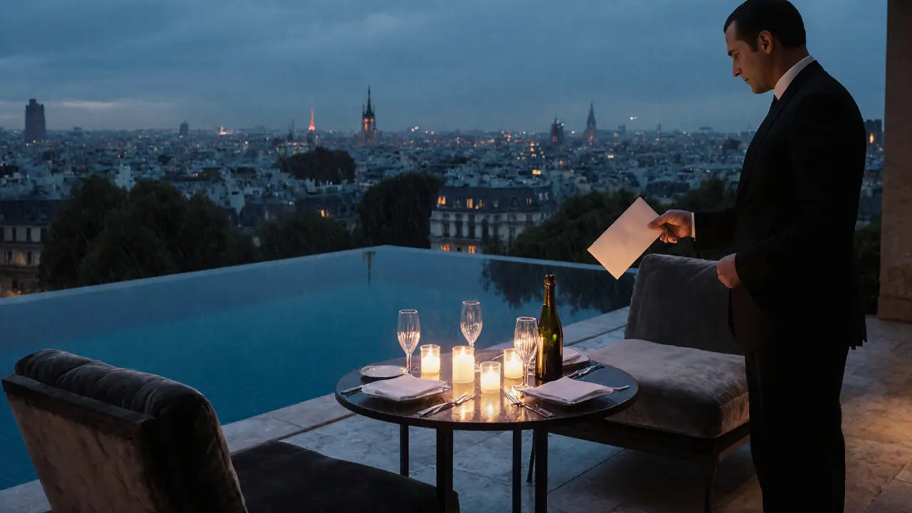 Rooftop garden with pool, candlelit table, and discreet concierge service.