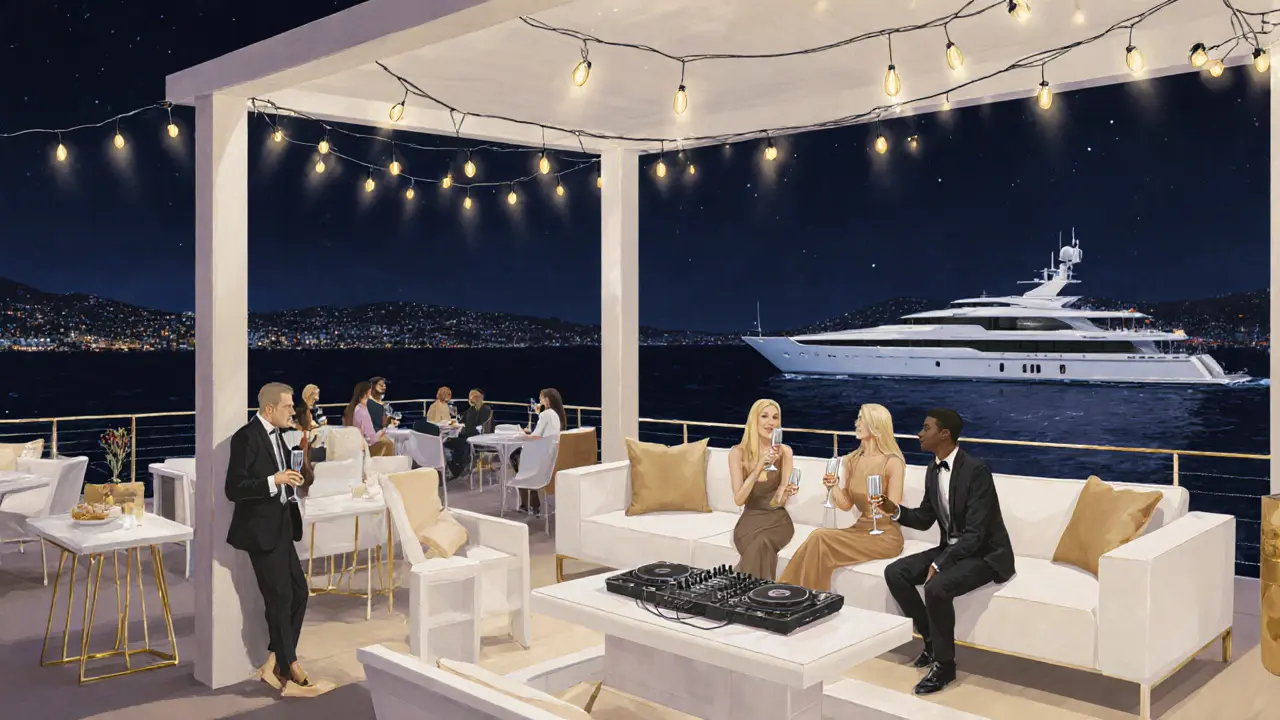 Sophisticated crowd at Le Yacht Club terrace sipping champagne under string lights with yachts in the distance.