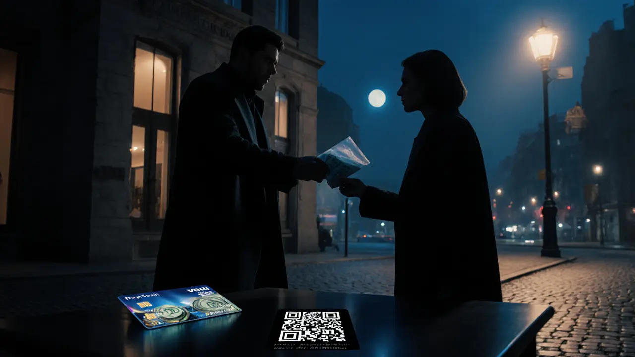 Street exchange of cash envelope, prepaid card, and crypto QR code under streetlamp.