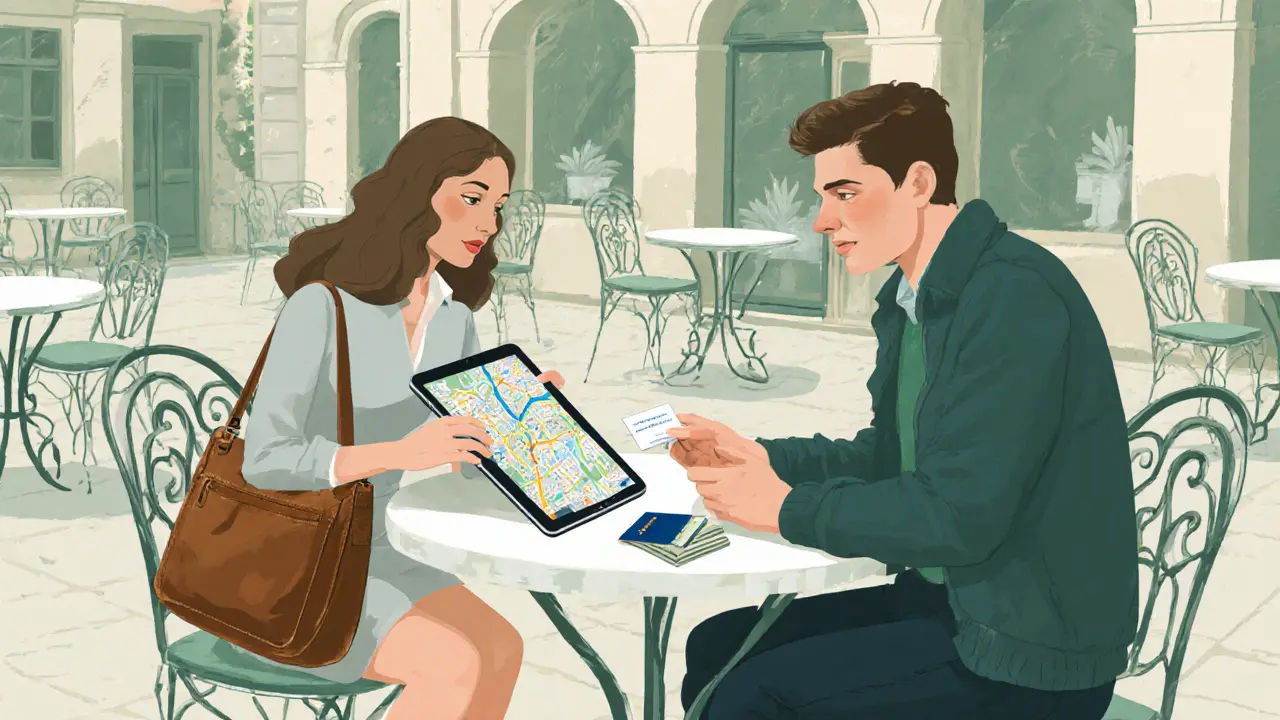 Stylish escort and traveler review a metro map at a Brera café, tote with cash nearby.