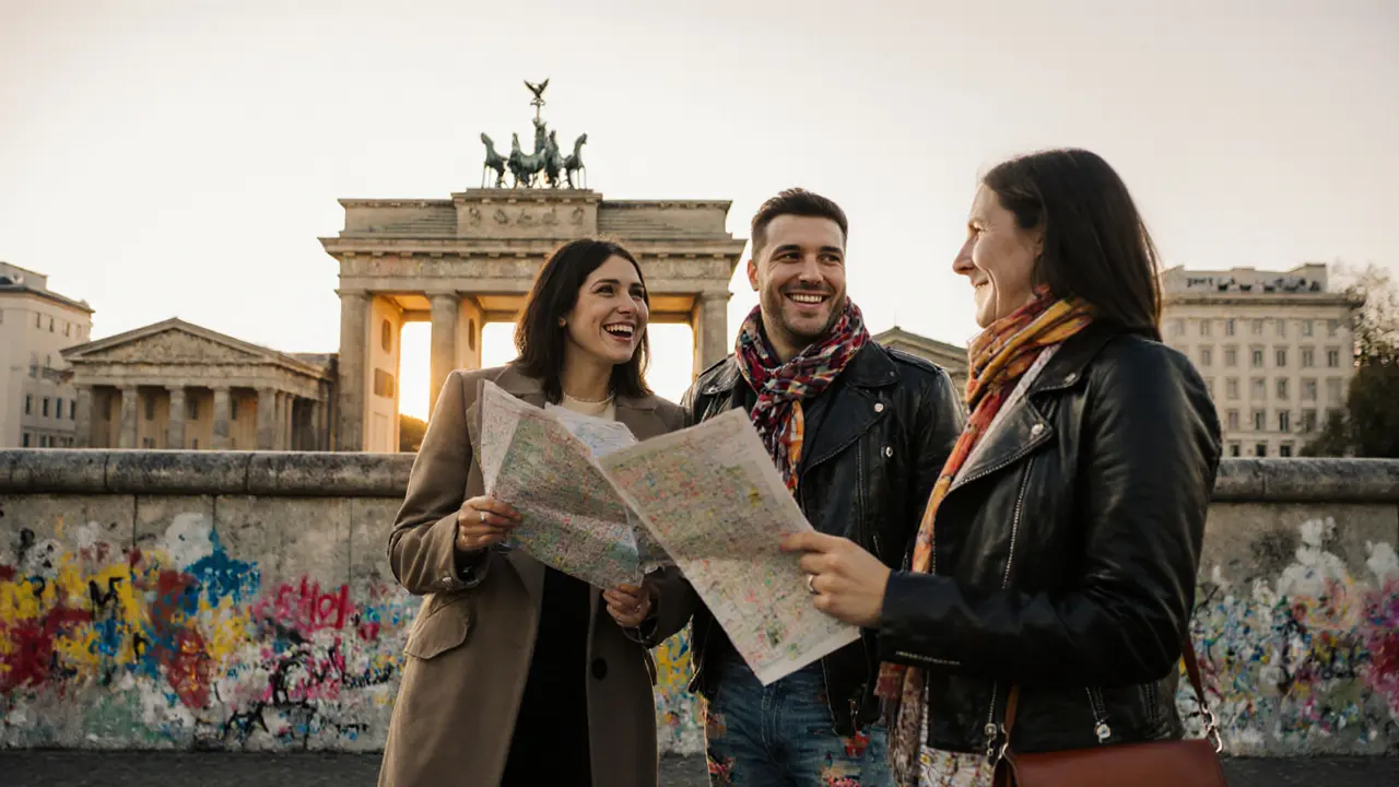Three diverse professionals walking together near the Berlin Wall Memorial, holding maps and smiling.