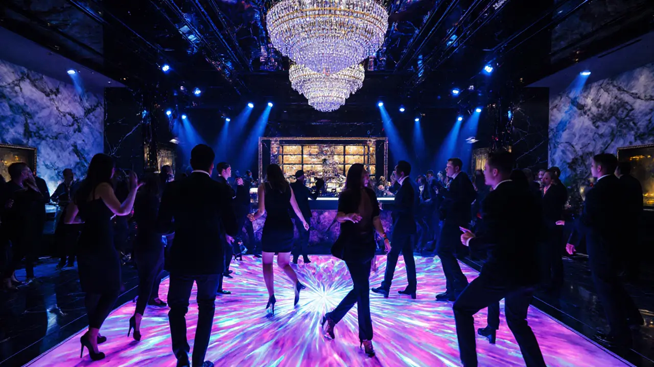 Upscale nightclub interior with LED floor, chandeliers, stylish crowd dancing.