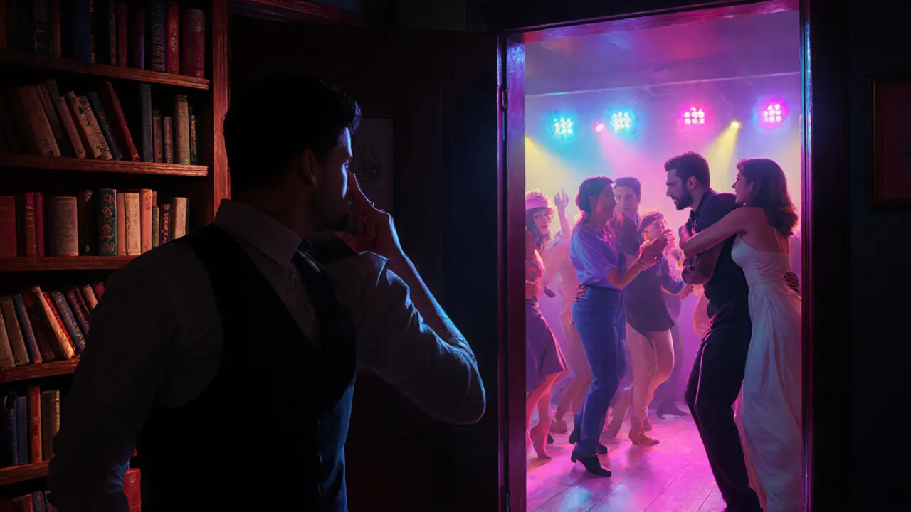 A bartender guiding a guest to a secret dance room in a basement lounge, vibrant crowd celebrating quietly.