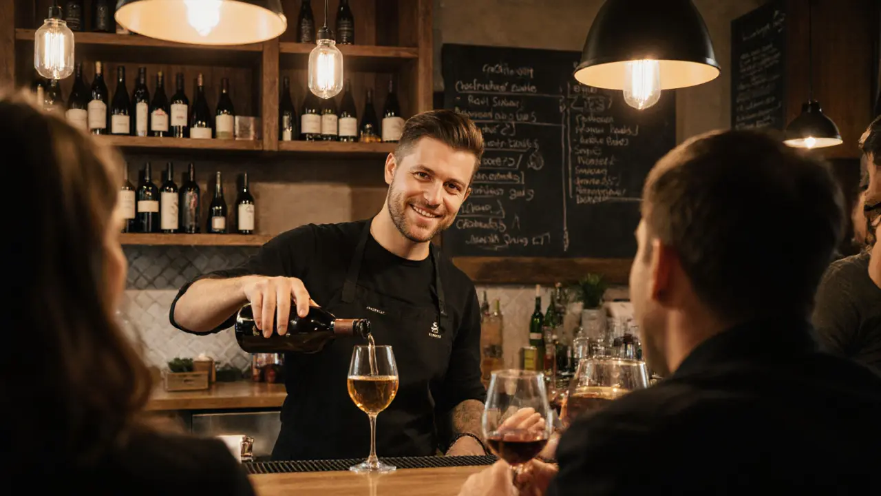 A bartender pouring natural wine in a cozy, unpretentious Parisian wine bar.