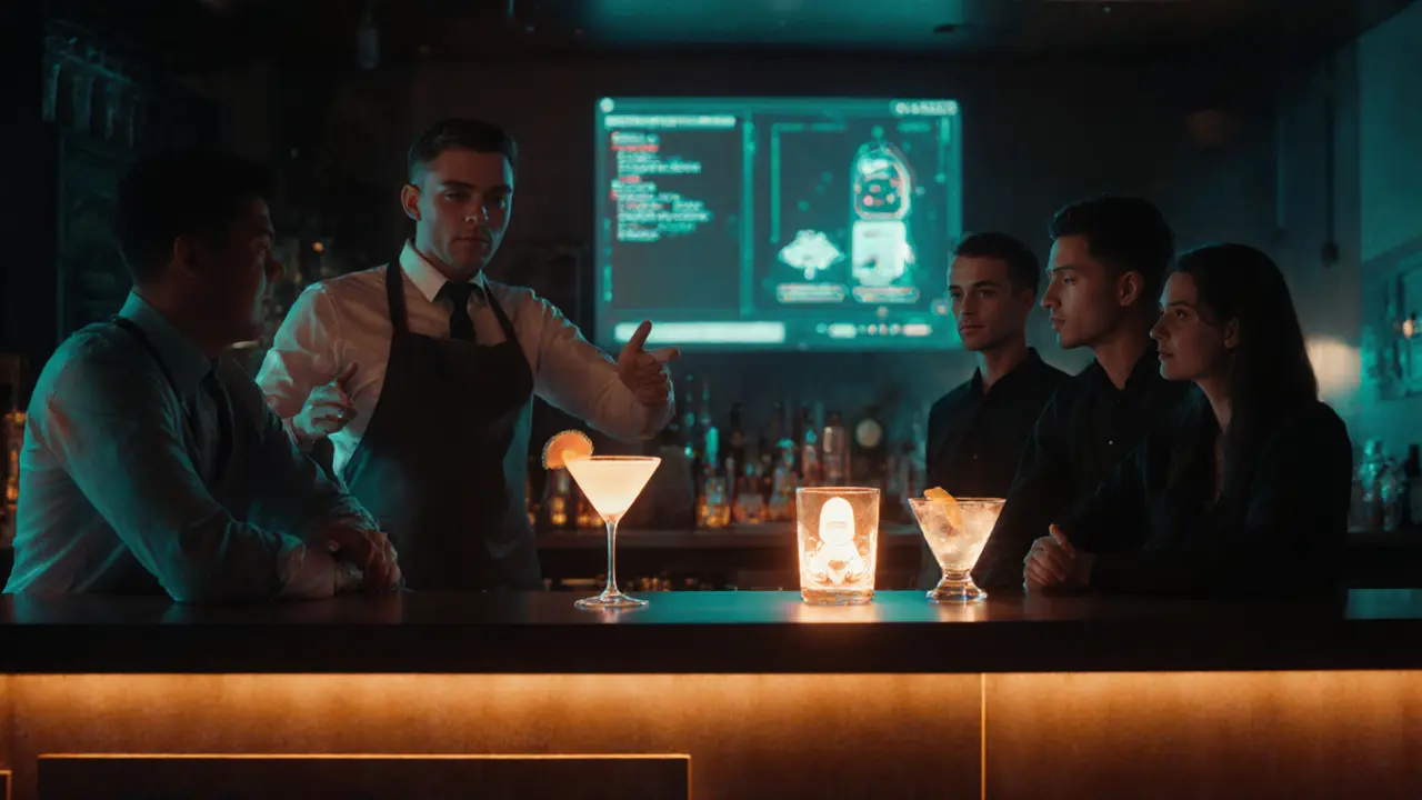 A bartender serving tech-themed cocktails at a modern London bar, with a chatbot interface projected on the wall.