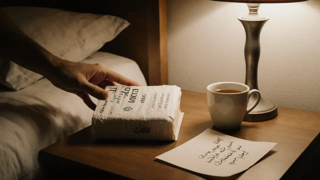 A book and tea placed neatly on a nightstand, suggesting a respectful, quiet end to an evening.