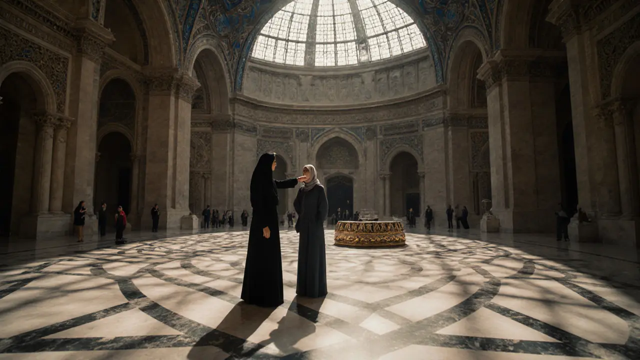 A client and companion viewing an artifact at the Louvre Abu Dhabi, sunlight filtering through the dome.