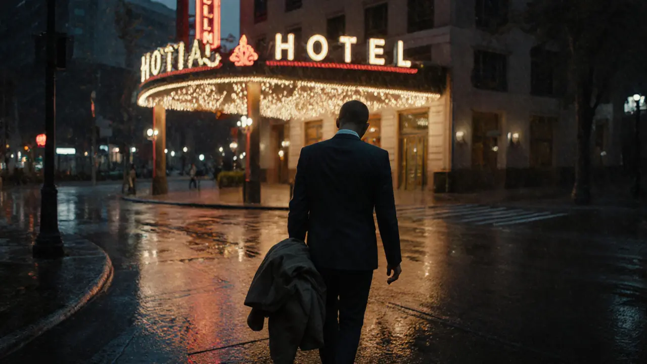 A client walking away from a hotel at dusk, leaving with dignity and quiet gratitude.