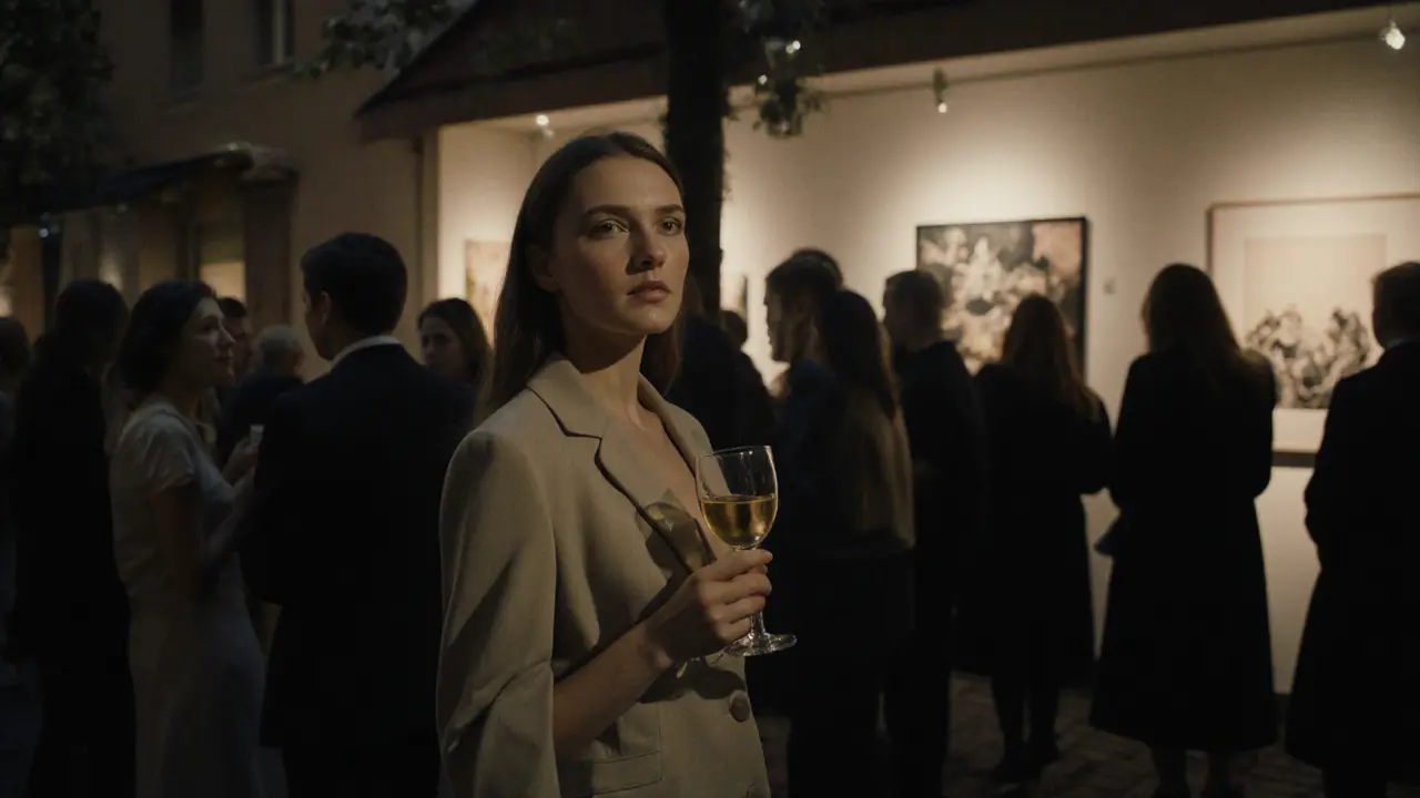A confident woman standing outside an art gallery in Prenzlauer Berg, blending seamlessly into the crowd.