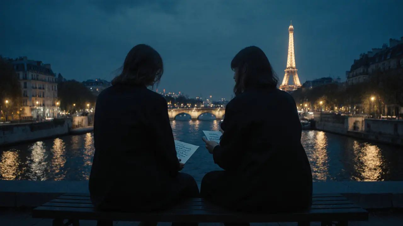 A couple on a rooftop at night, gazing at Paris lights with the Eiffel Tower glowing softly.